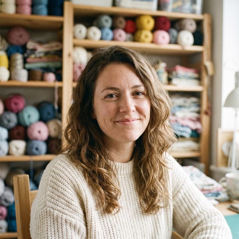 Portrait of Alixa, smiling, in a craft room with shelves of yarn