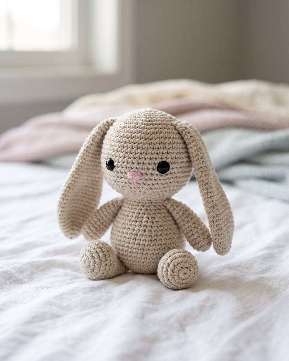 Small crochet bunny with long floppy ears sitting on a white bed