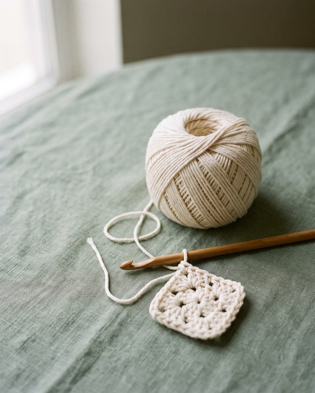 Ball of cream yarn, a wooden crochet hook and a small crochet square on a green cloth