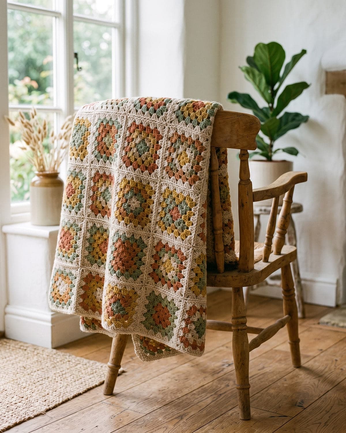 Granny square crochet blanket draped over a wooden chair