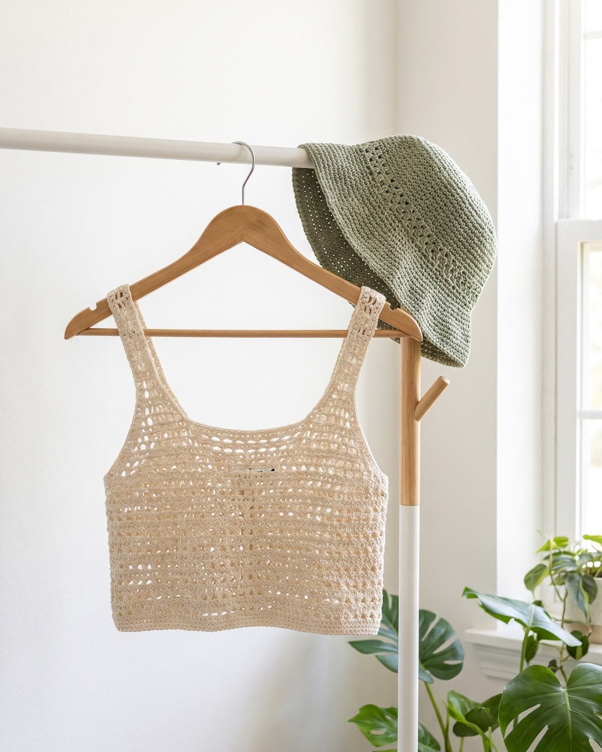 Cream crochet top on a wooden hanger beside a sage green crochet bucket hat