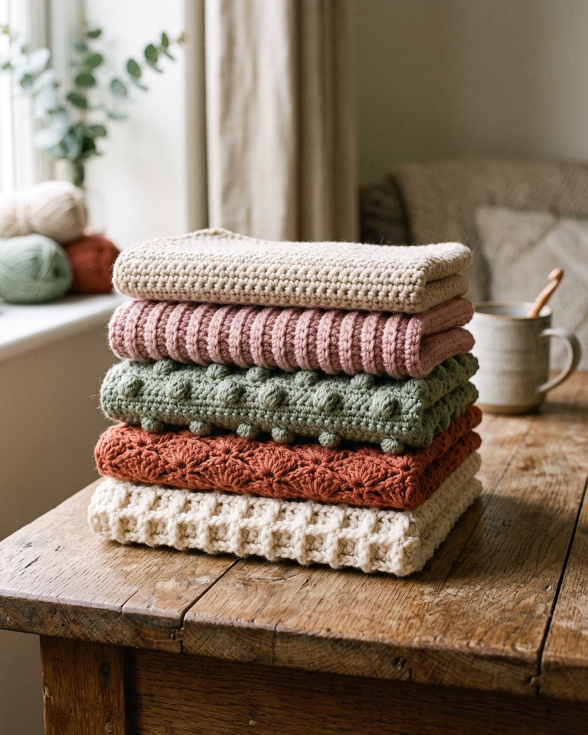 Stack of folded crochet swatches in five different textured stitches