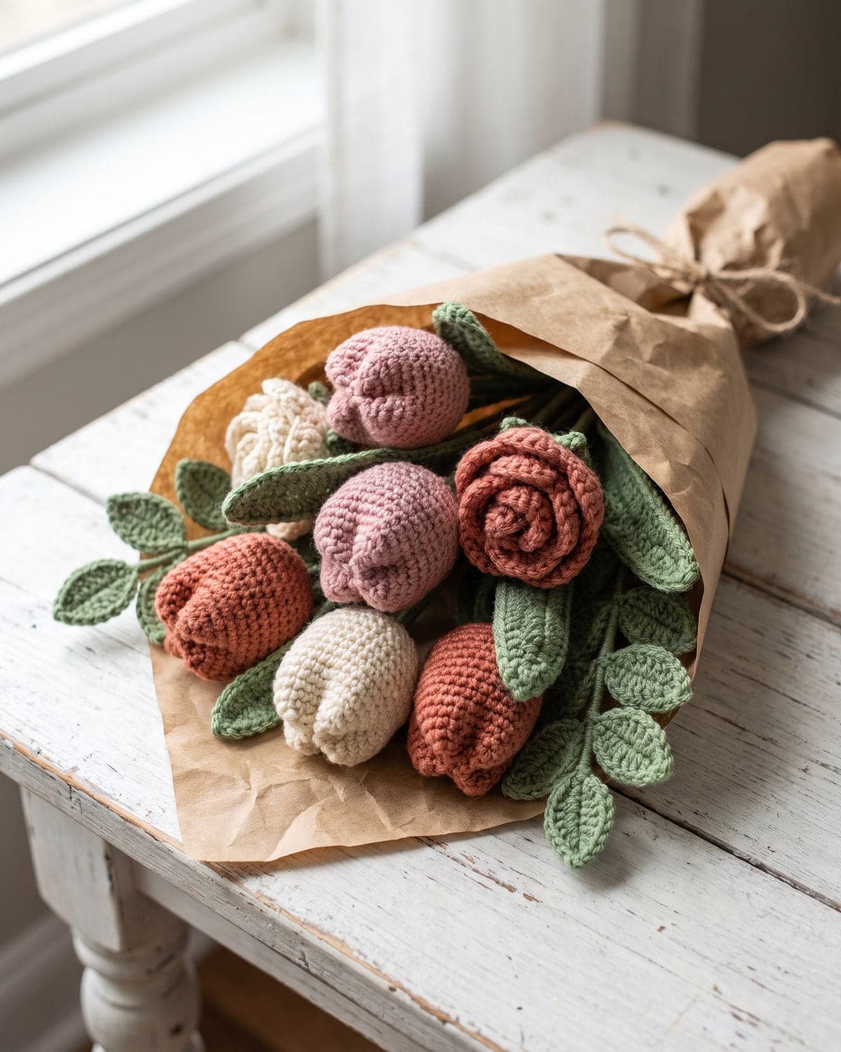 Bunch of crochet tulips and roses wrapped in kraft paper