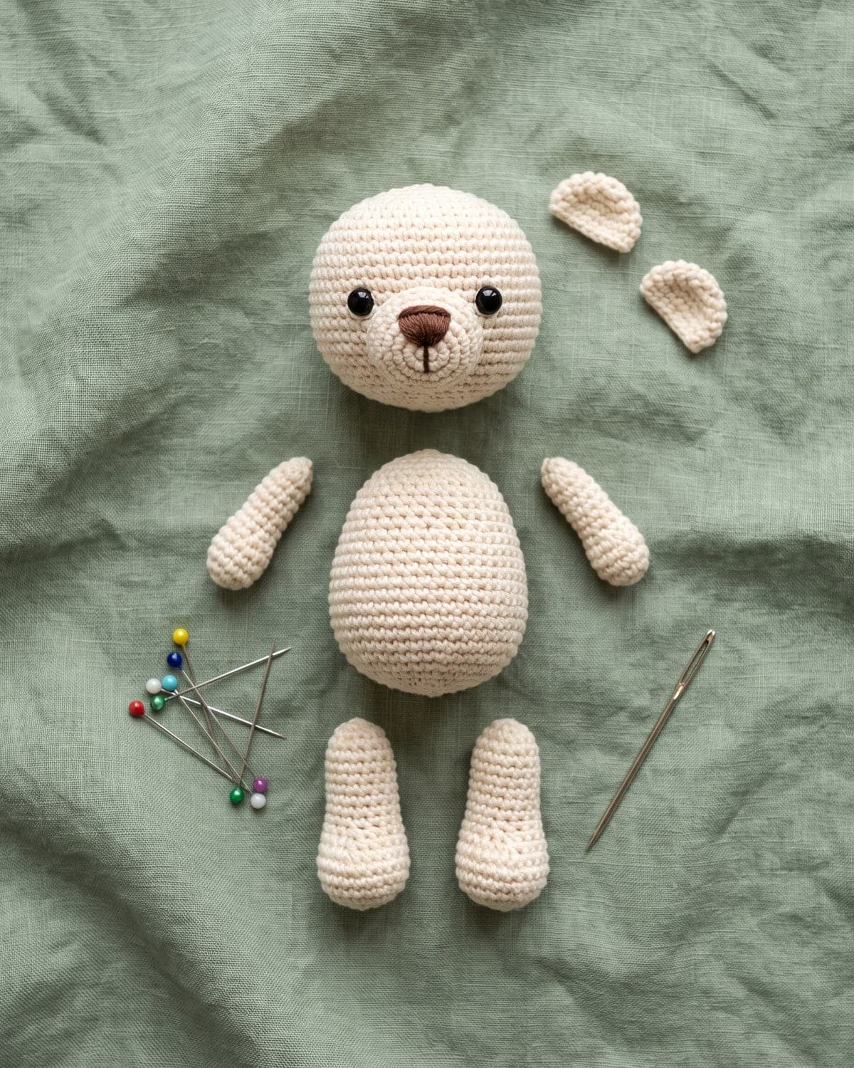 Crocheted head, body, arms, legs and ears of a small bear laid out with pins before sewing