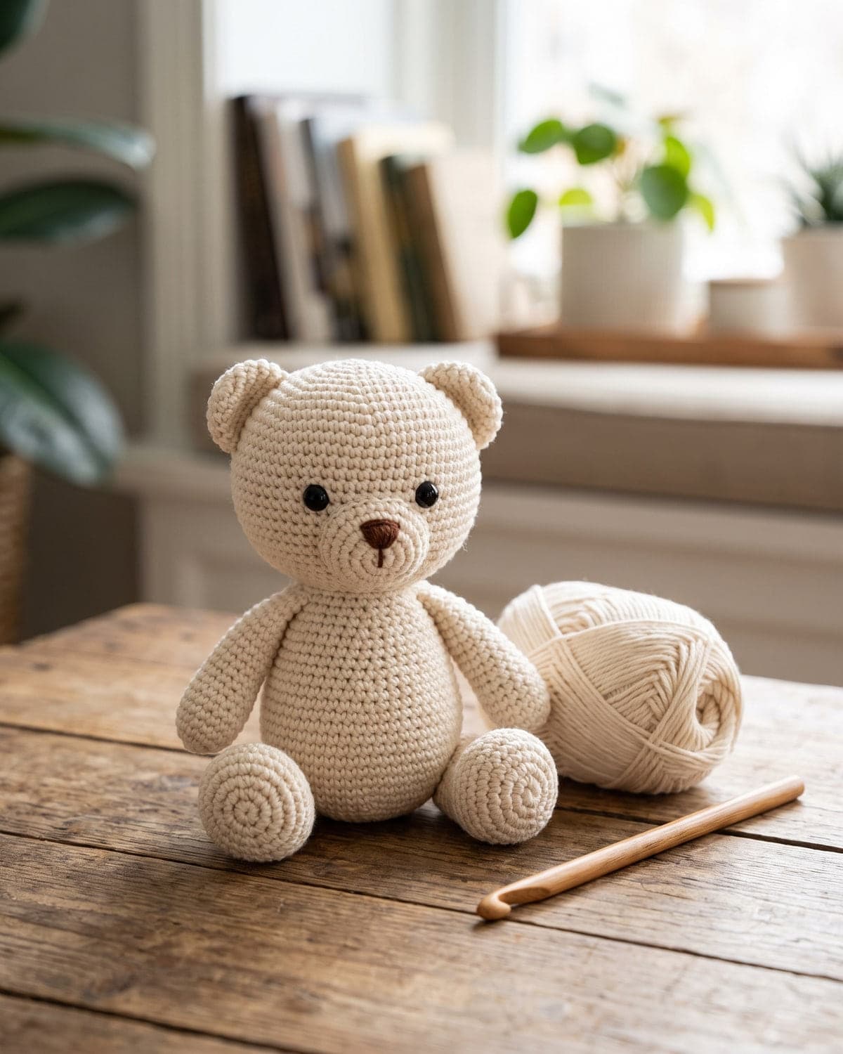 Finished cream crochet teddy bear sitting on a wooden table beside a ball of yarn