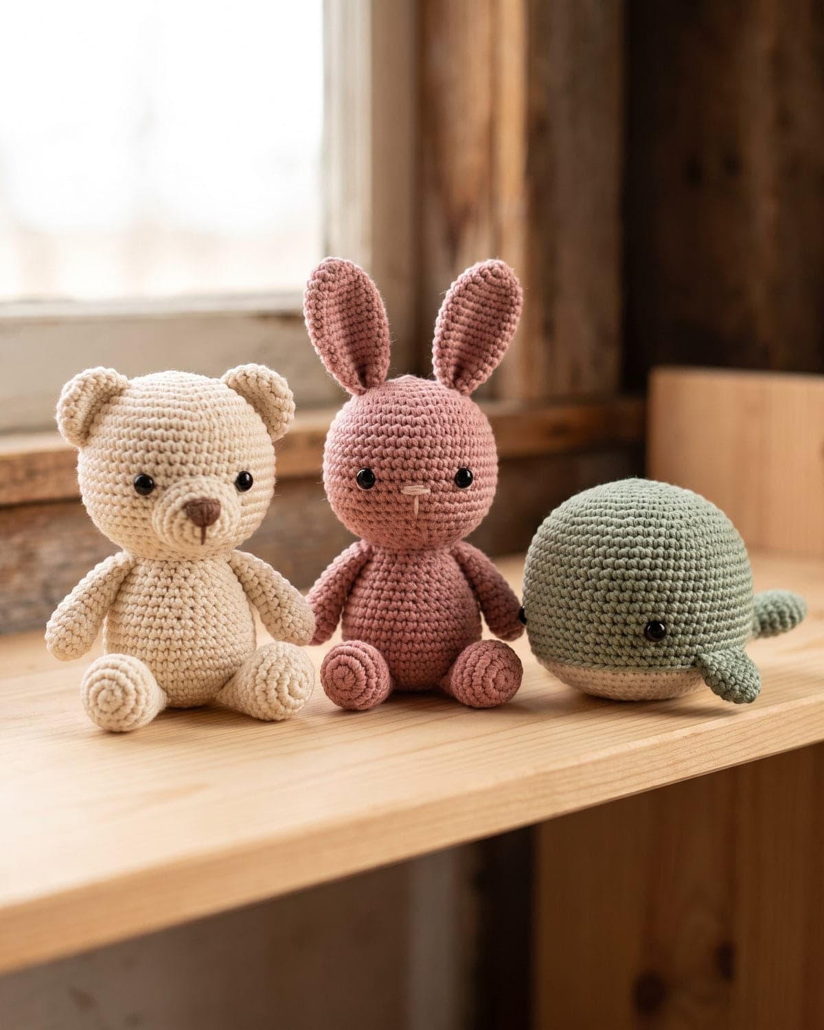 Small crochet bear, pink bunny and green whale sitting side by side on a wooden shelf