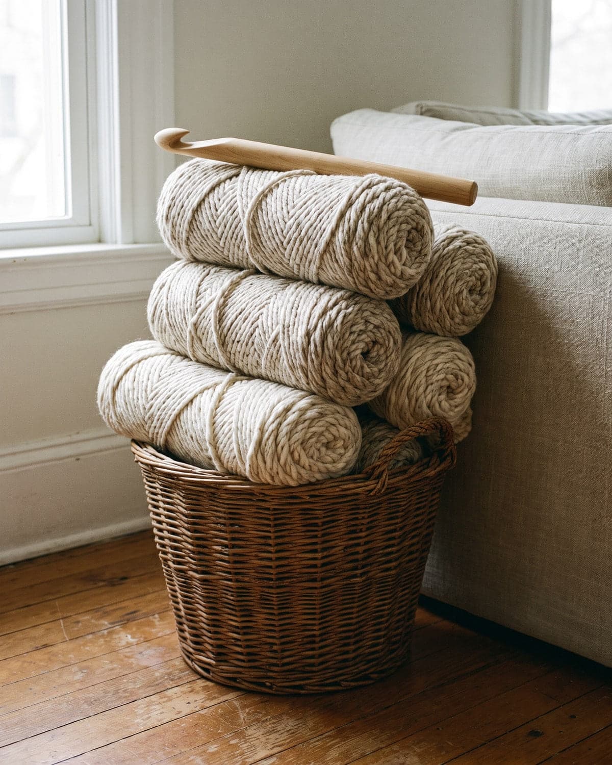 Skeins of oatmeal super bulky yarn in a wicker basket with a large wooden crochet hook on top