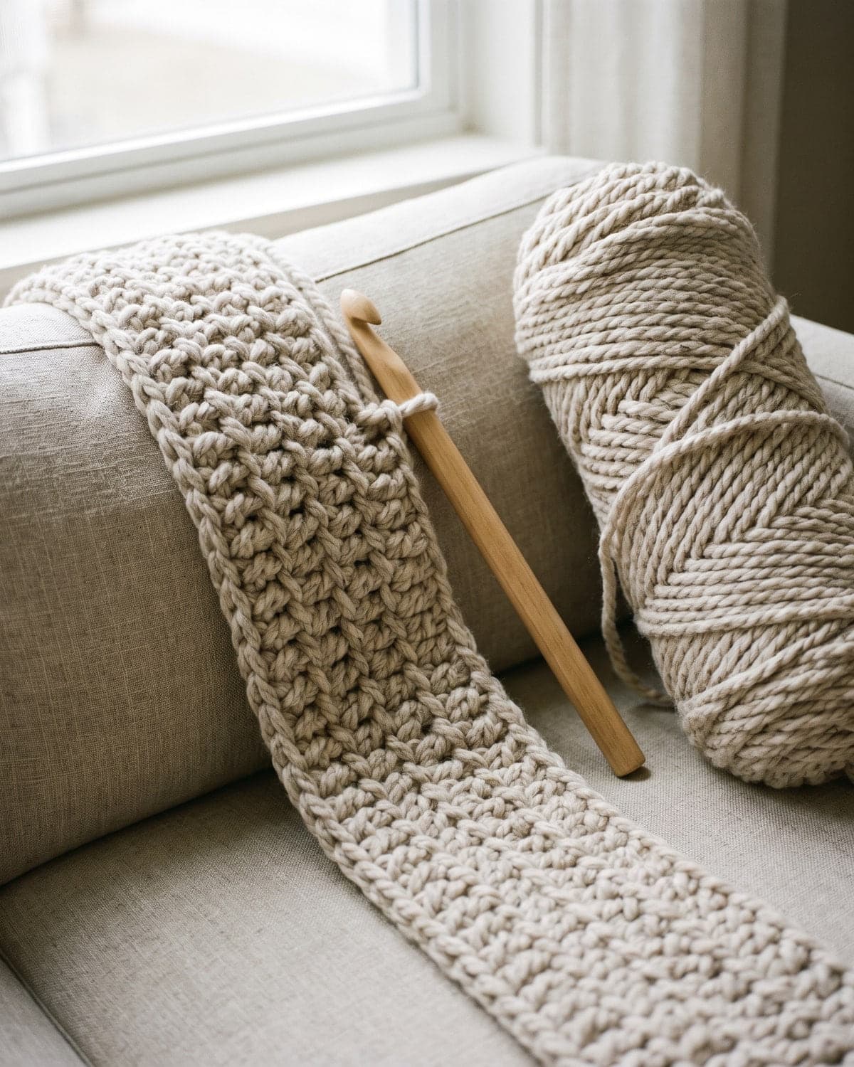 First rows of a chunky crochet blanket on a sofa with a large wooden hook and a skein of yarn
