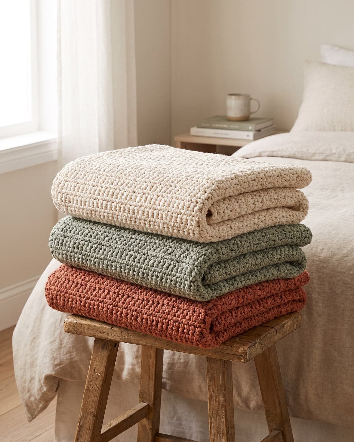 Three folded crochet blankets in cream, sage green and terracotta stacked on a wooden stool