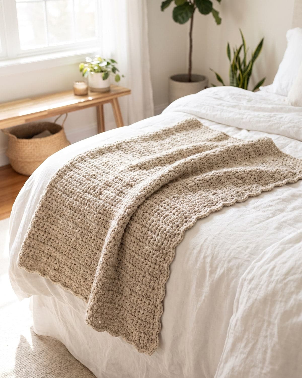Oatmeal crochet throw with a scalloped border laid across the foot of a white bed