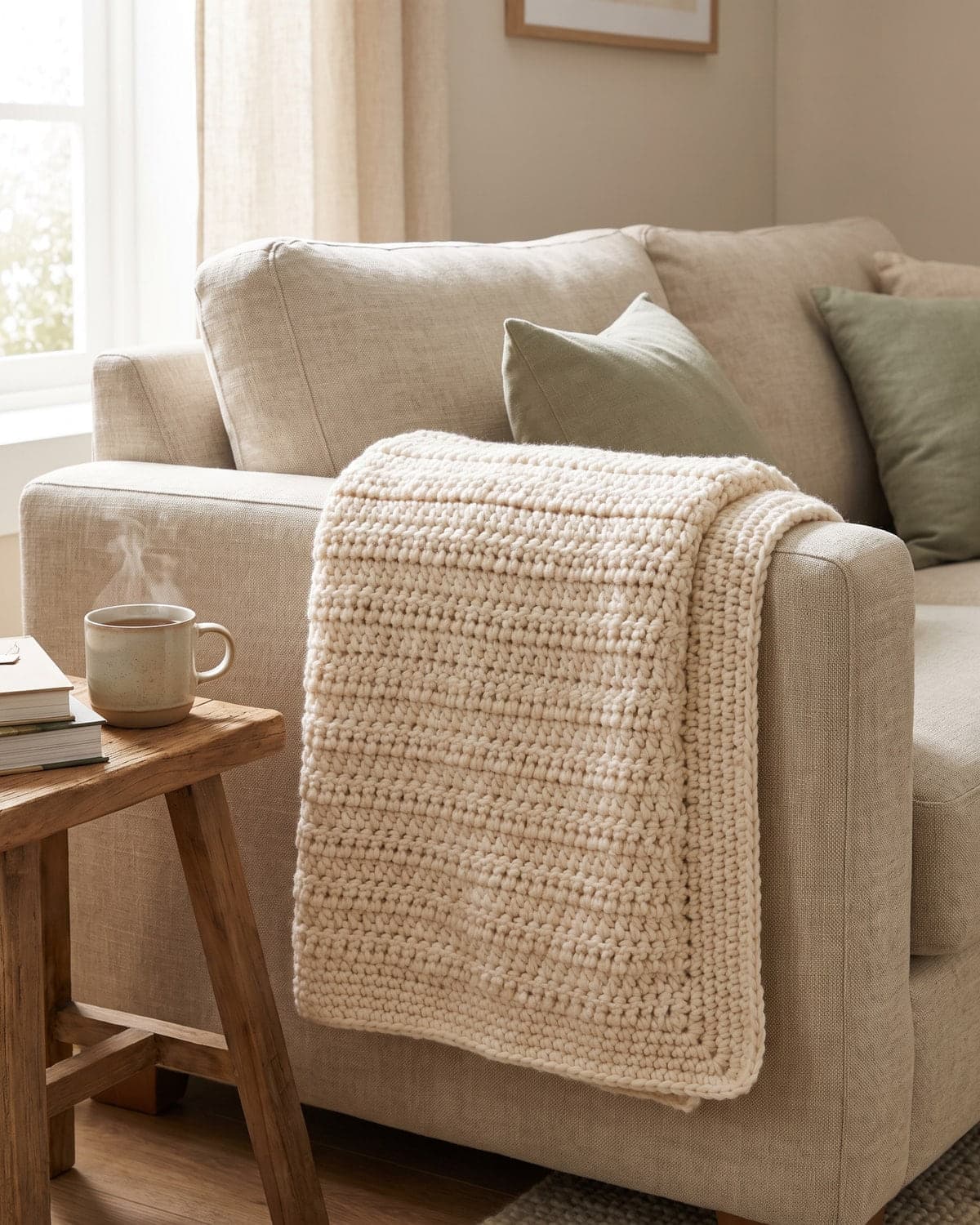 Cream chunky crochet blanket draped over the arm of a linen sofa beside a cup of tea