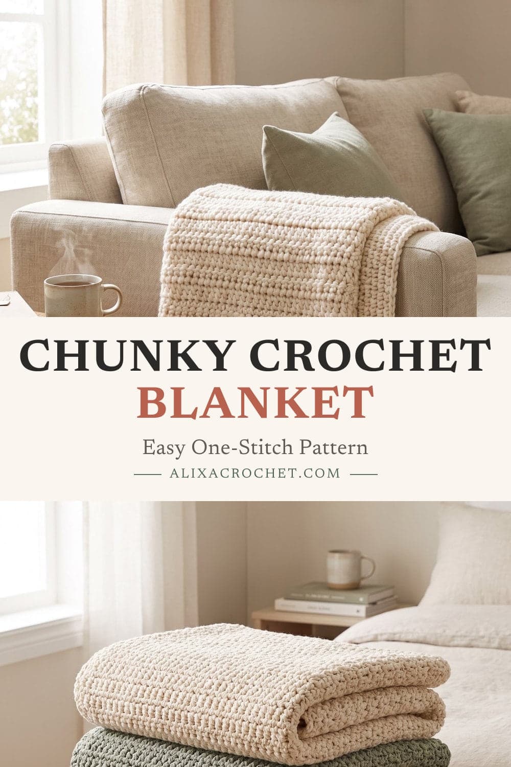 Pin graphic: Chunky Crochet Blanket for Beginners (Easy One-Stitch Pattern)
