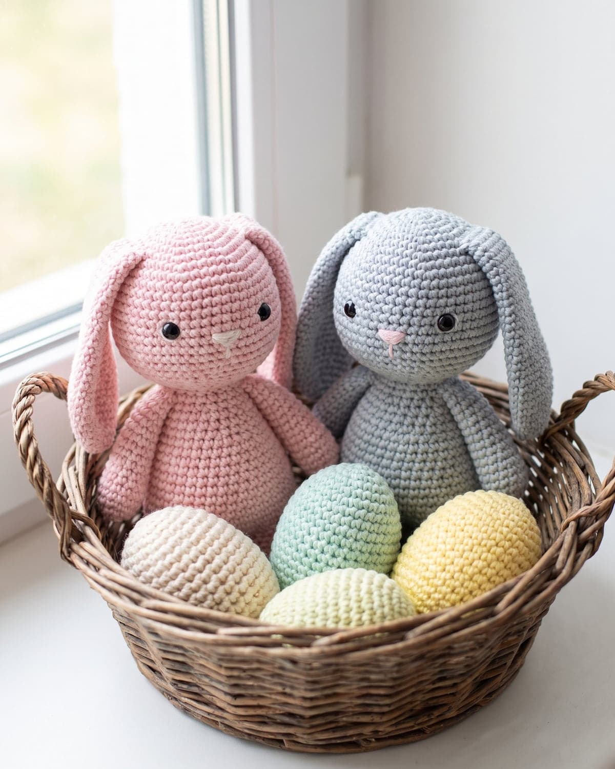 Pink and grey-blue crochet bunnies with floppy ears in a basket with pastel crochet eggs