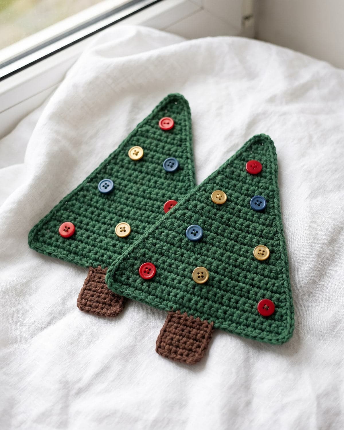 Two flat green crochet Christmas trees with brown trunks and coloured button baubles on white linen