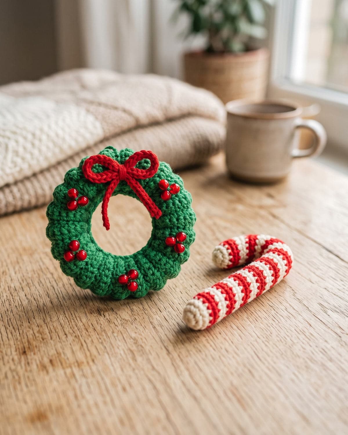 Small green crochet wreath with a red bow and bead berries beside a red and white crochet candy cane