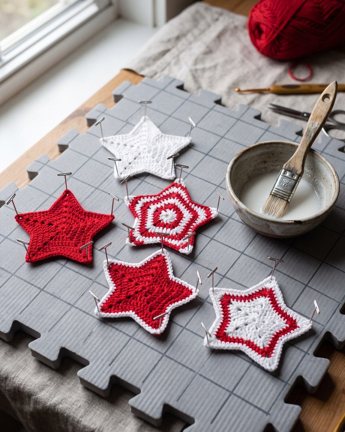 Red and white crochet stars pinned to a grey blocking mat beside a bowl of glue mixture and a brush