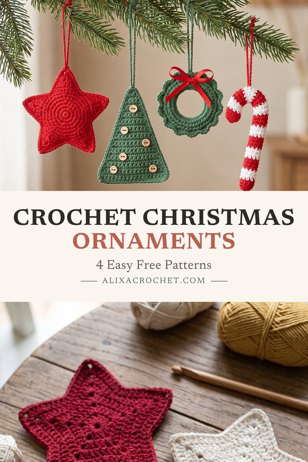 Pin graphic: Crochet Christmas Ornaments: 4 Easy Free Patterns