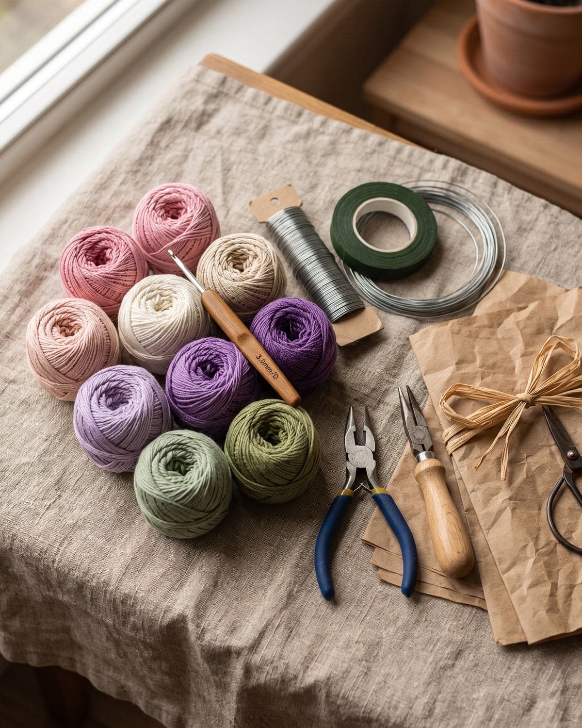 Small balls of cotton yarn in pink, cream, purple and green with a crochet hook, floral wire, floral tape, pliers and kraft paper