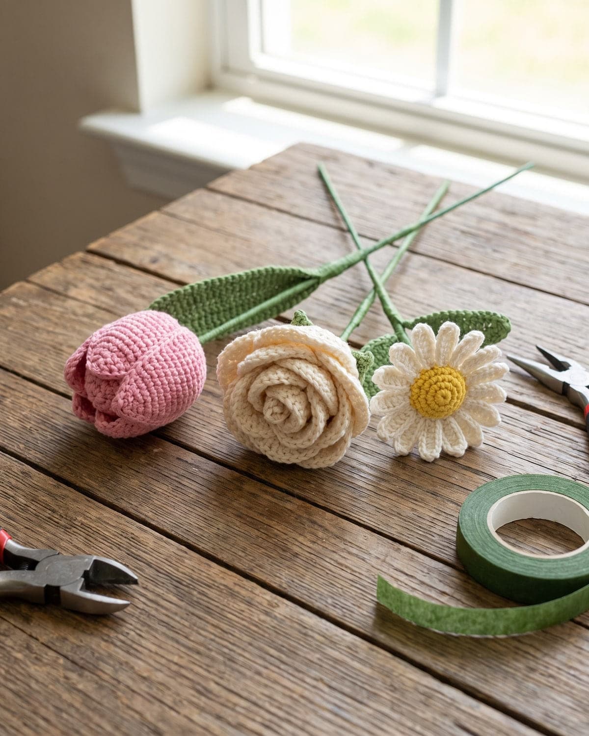 Crochet tulip, rose and daisy on green wire stems with pliers and a roll of floral tape on a wooden table