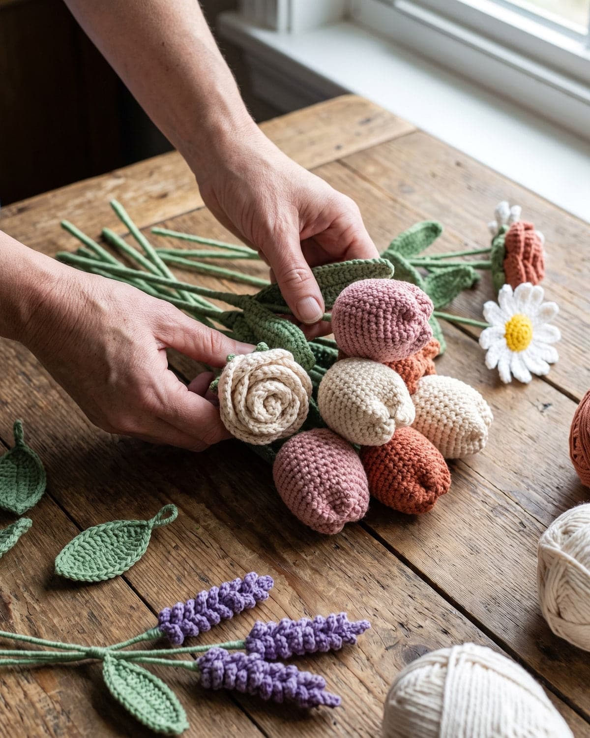 Hands arranging crochet tulips and a rose on green stems, with crochet leaves and lavender sprigs on the table