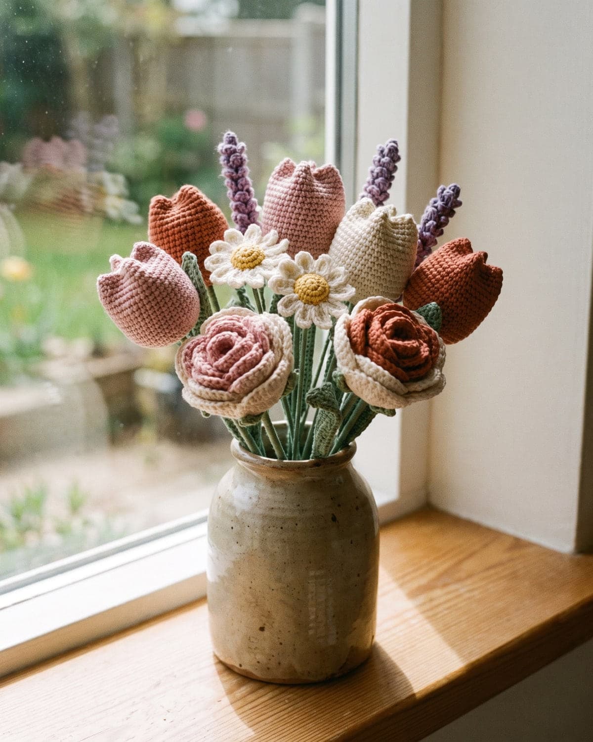 Crochet bouquet of tulips, roses, daisies and lavender in a ceramic vase on a windowsill