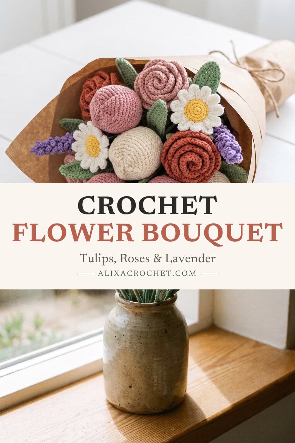 Pin graphic: Crochet Flower Bouquet: Easy Step-by-Step Tutorial