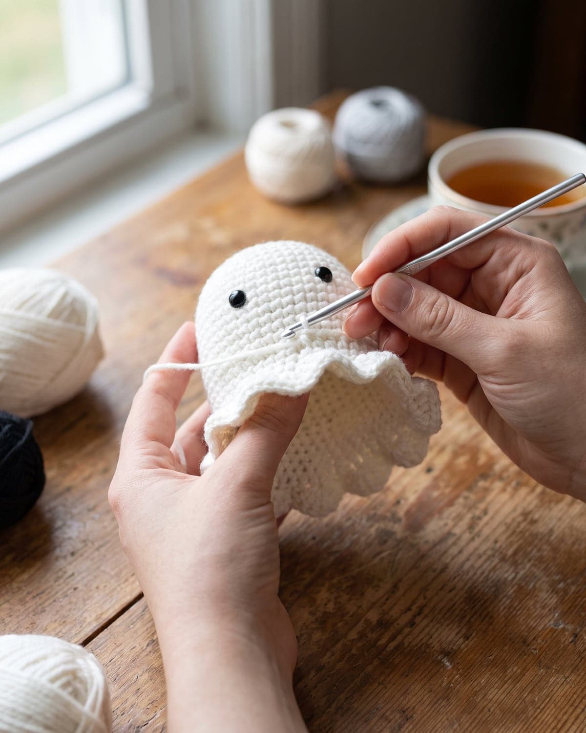 Hands crocheting a wavy ruffle around the base of a small white crochet ghost