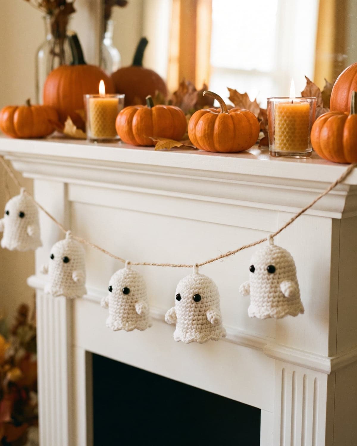 Garland of small white crochet ghosts on twine across a white mantel with pumpkins and candles