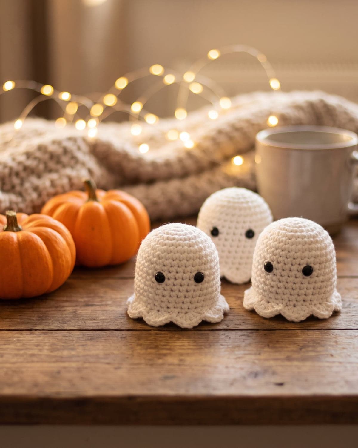 Three small white crochet ghosts with black eyes and wavy hems beside mini pumpkins and fairy lights