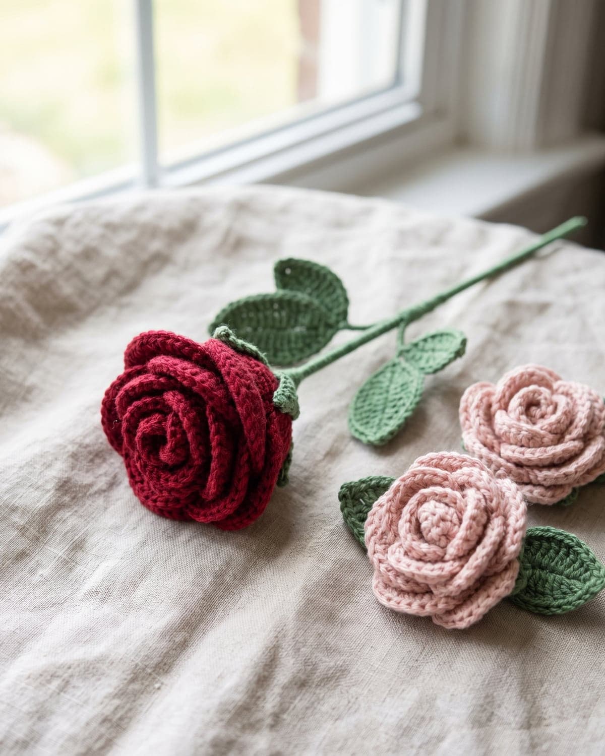 Deep red crochet rose on a green stem with leaves lying on linen beside two blush pink crochet roses