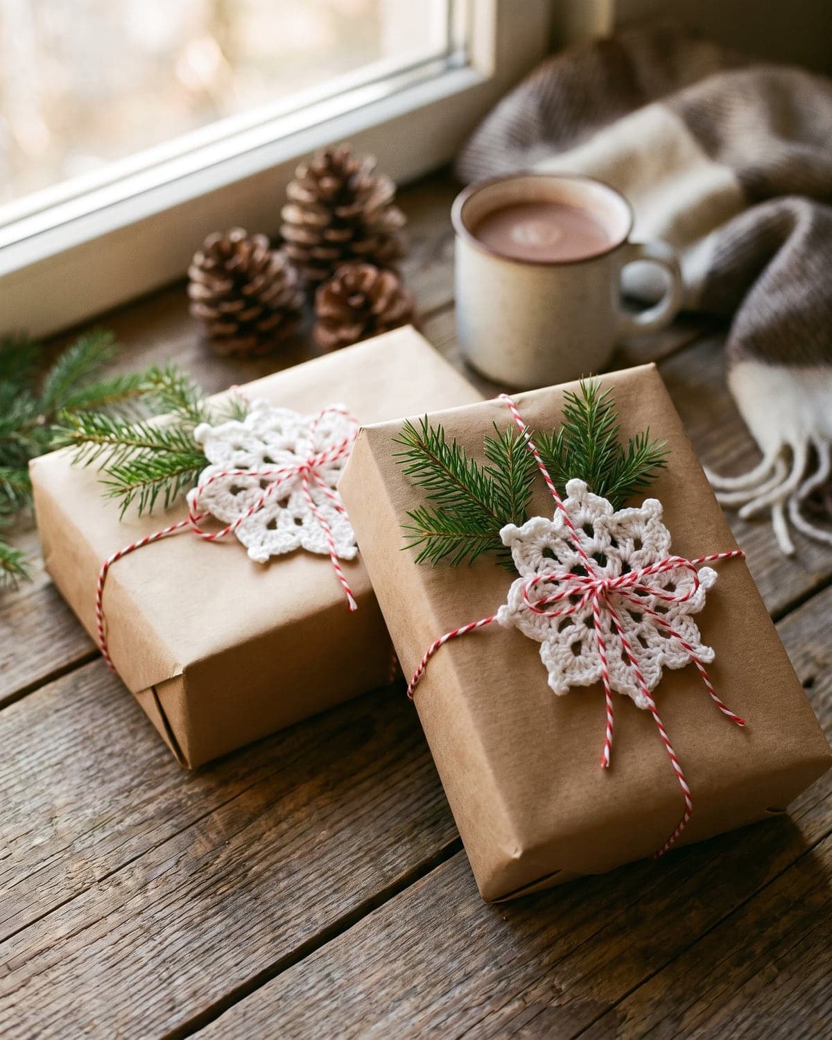 Kraft paper presents tied with red and white twine and topped with white crochet snowflakes