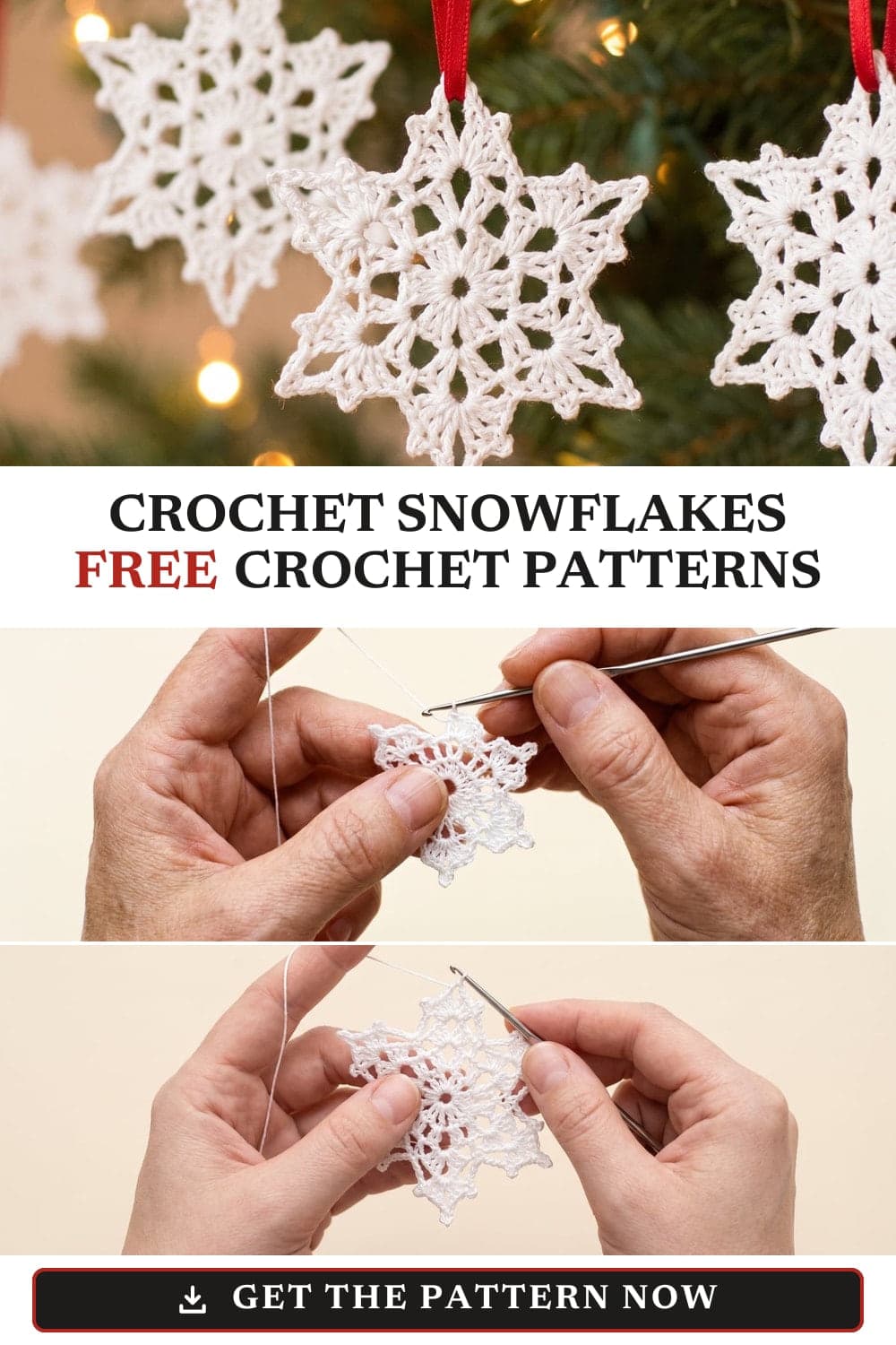 Pin graphic: Crochet Snowflake Pattern: 3 Easy Free Christmas Ornaments