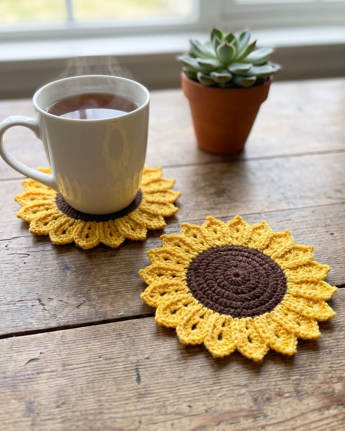 Two crochet sunflower coasters on a wooden table, one with a white mug of tea on it