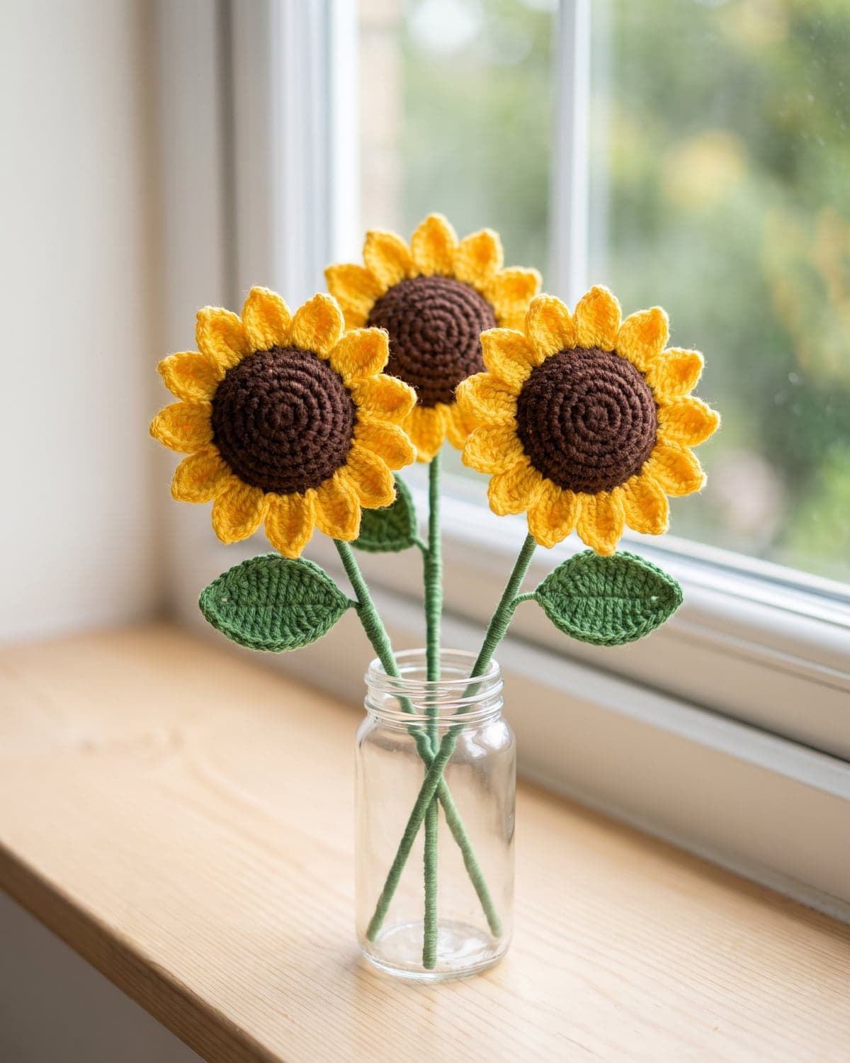 Three crochet sunflowers with yellow petals, brown centres and green stems in a glass jar on a windowsill