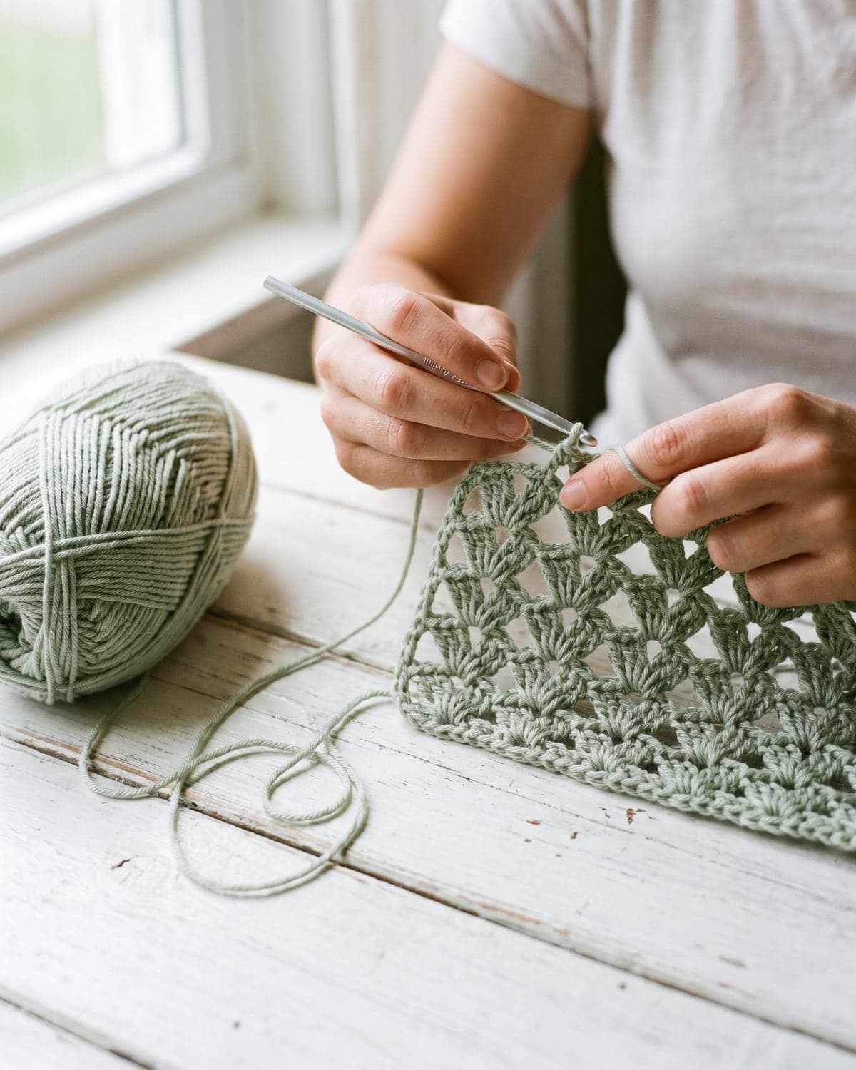 Hands crocheting the first rows of a lacy sage green baby blanket on a white table