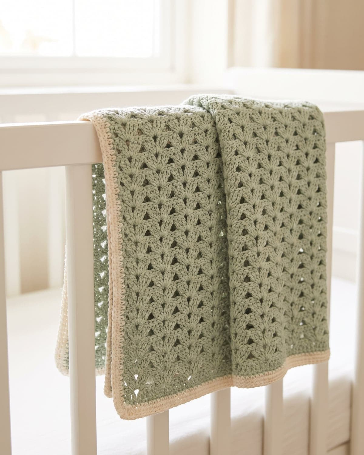 Sage green crochet baby blanket with a cream border folded over the rail of a white cot