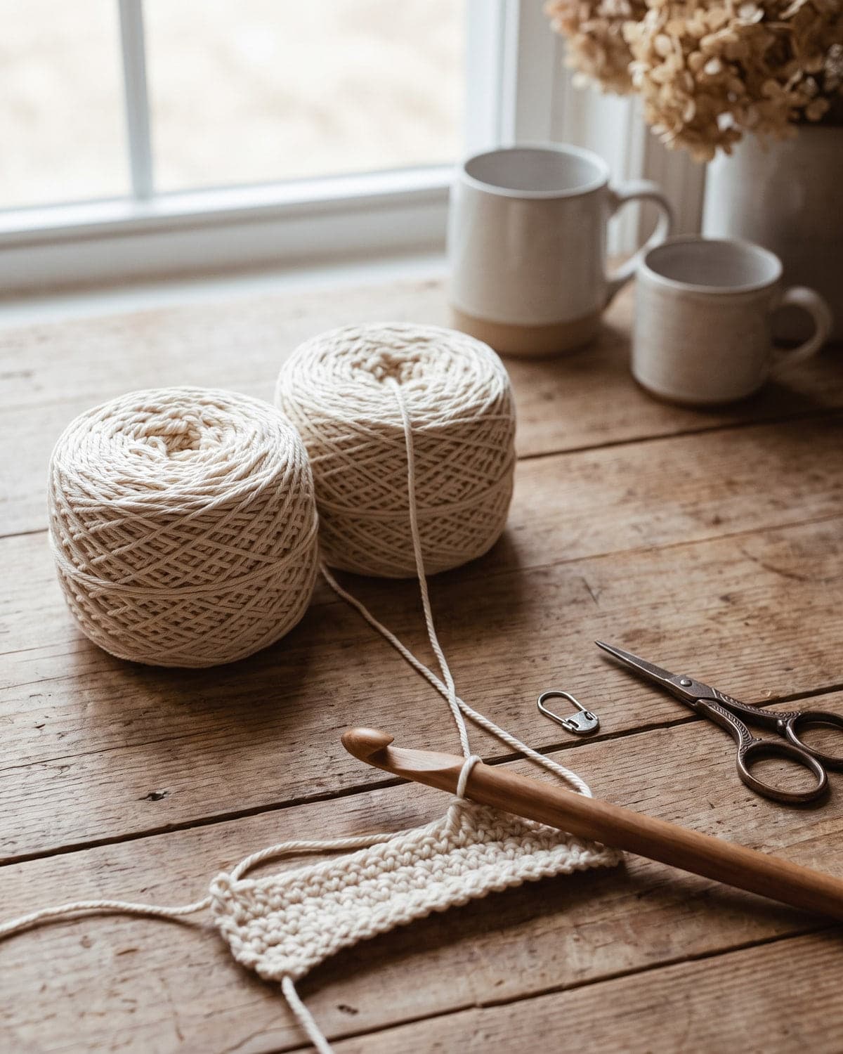Two balls of cream cotton yarn with both strands worked together on a wooden crochet hook, beside scissors and a stitch marker