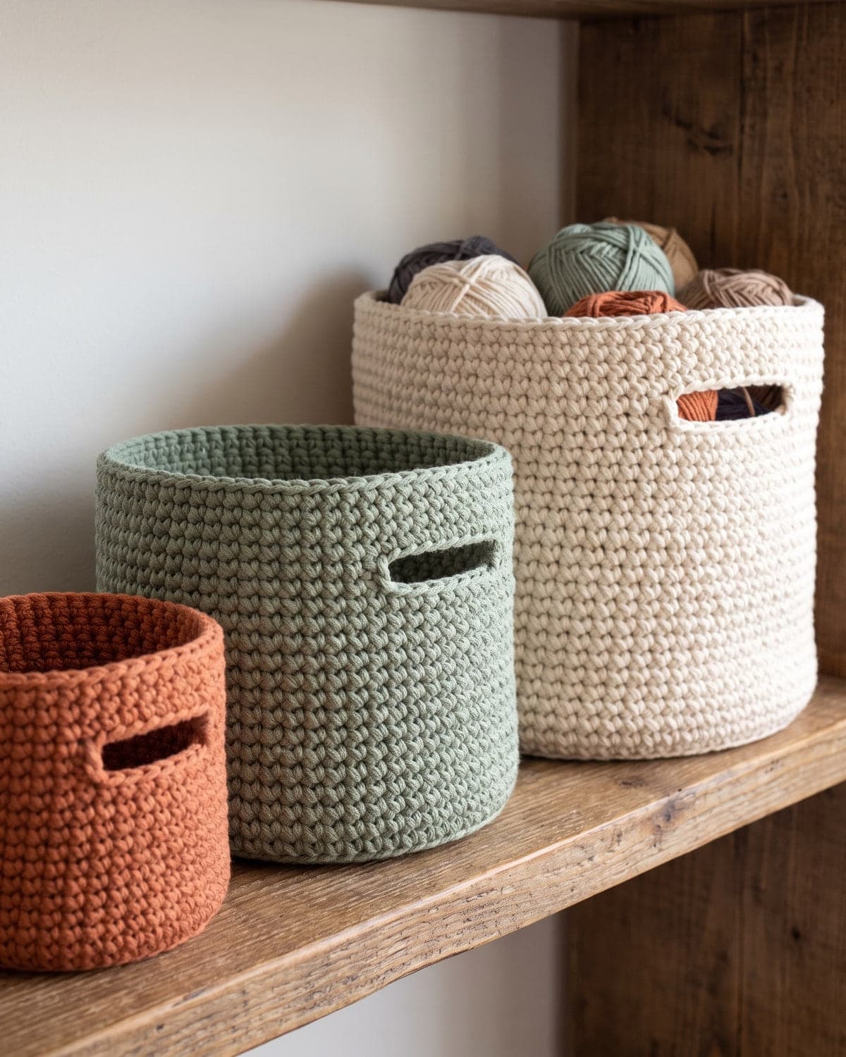 Three round crochet baskets in cream, sage green and terracotta with handle openings on a wooden shelf, the largest holding yarn