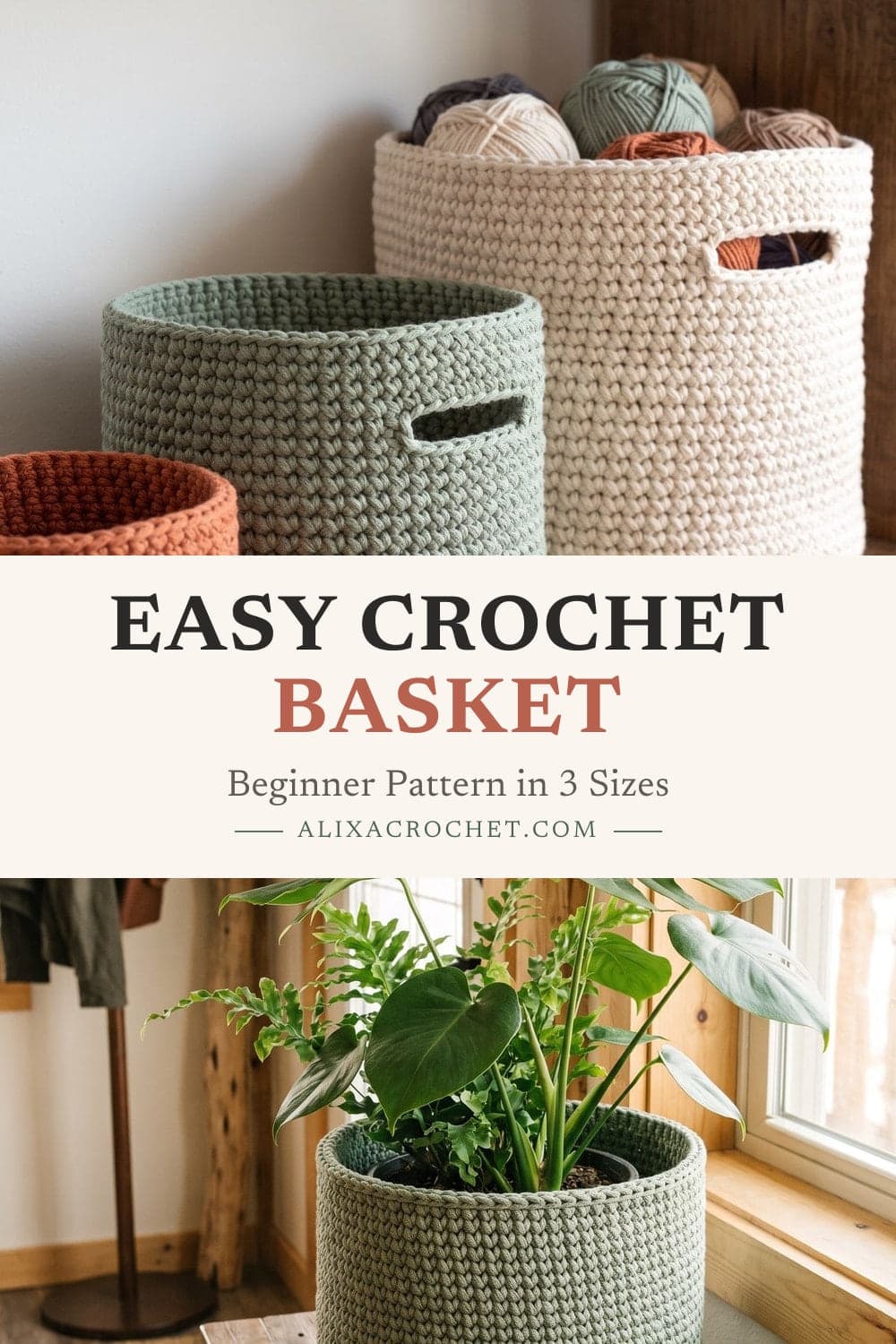 Pin graphic: Easy Crochet Basket: Beginner Pattern in 3 Sizes