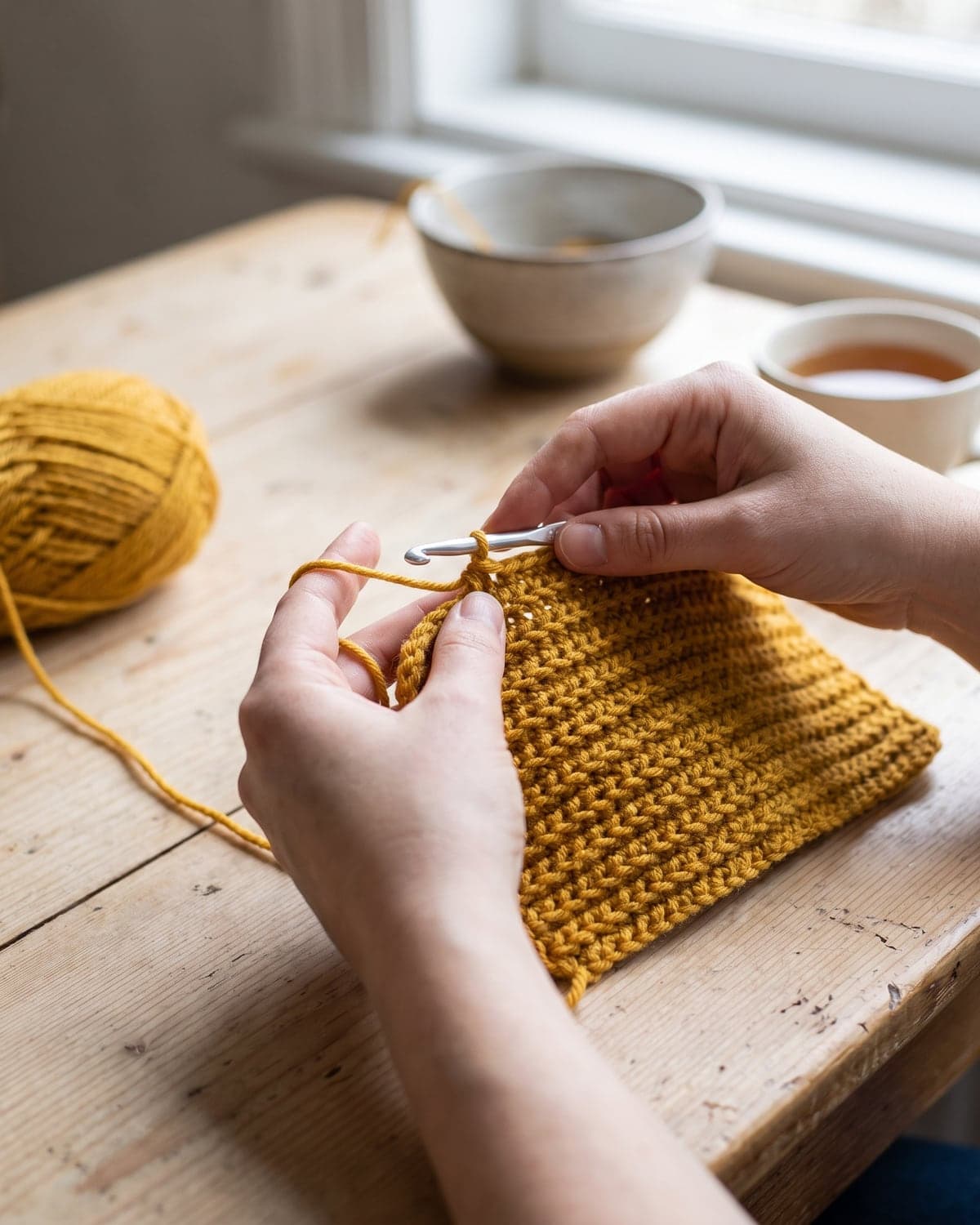 Hands crocheting a ribbed mustard yellow rectangle for a beanie at a wooden table
