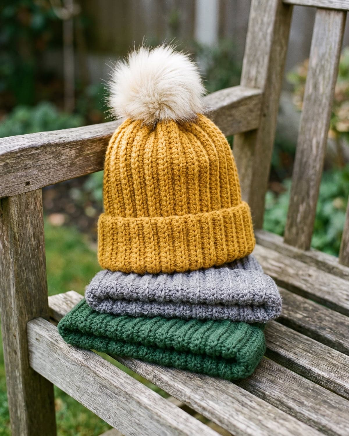 Mustard crochet beanie with a cream pompom on a stack of grey and green beanies on a garden bench
