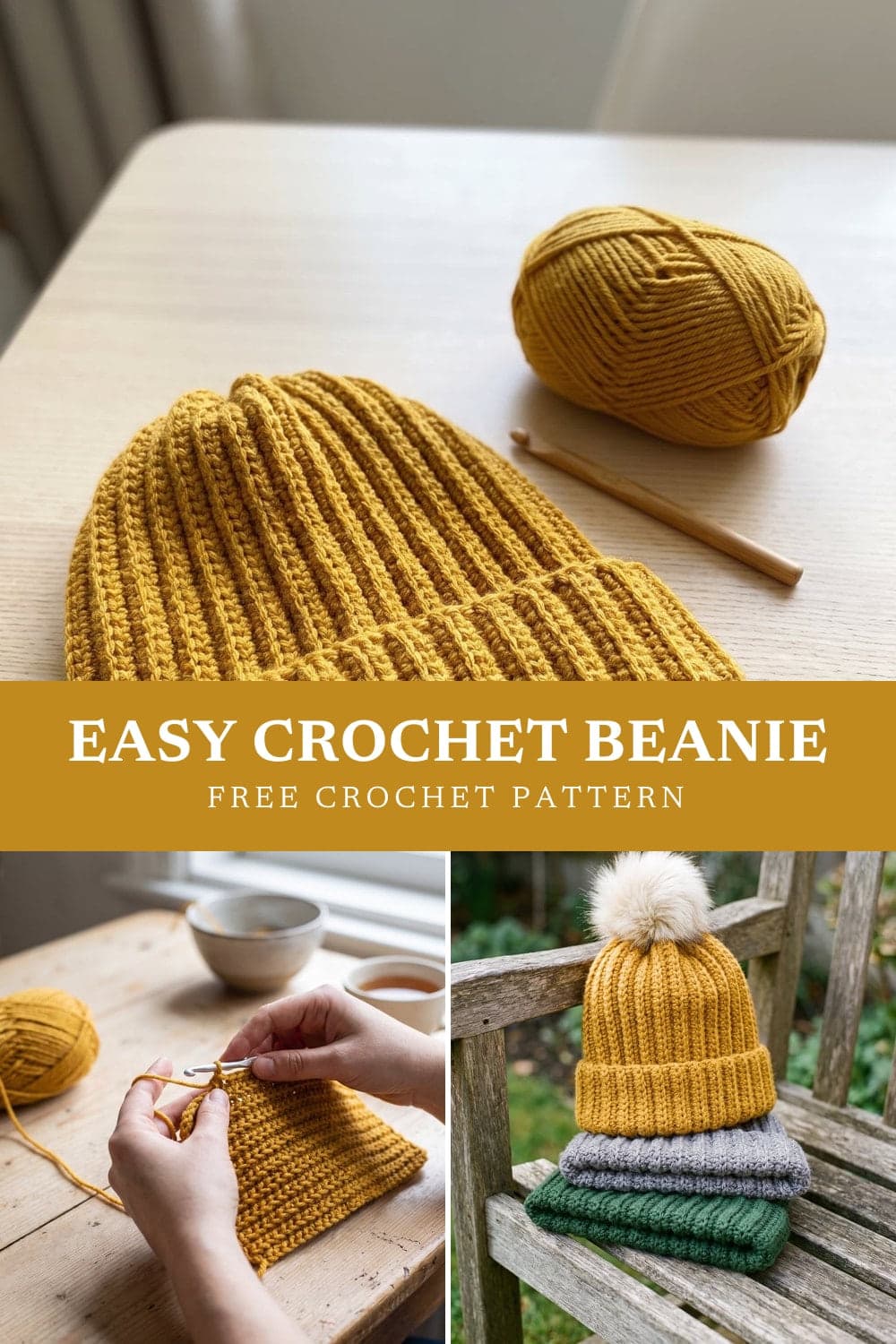 Pin graphic: Easy Crochet Beanie for Beginners: Free Ribbed Hat Pattern