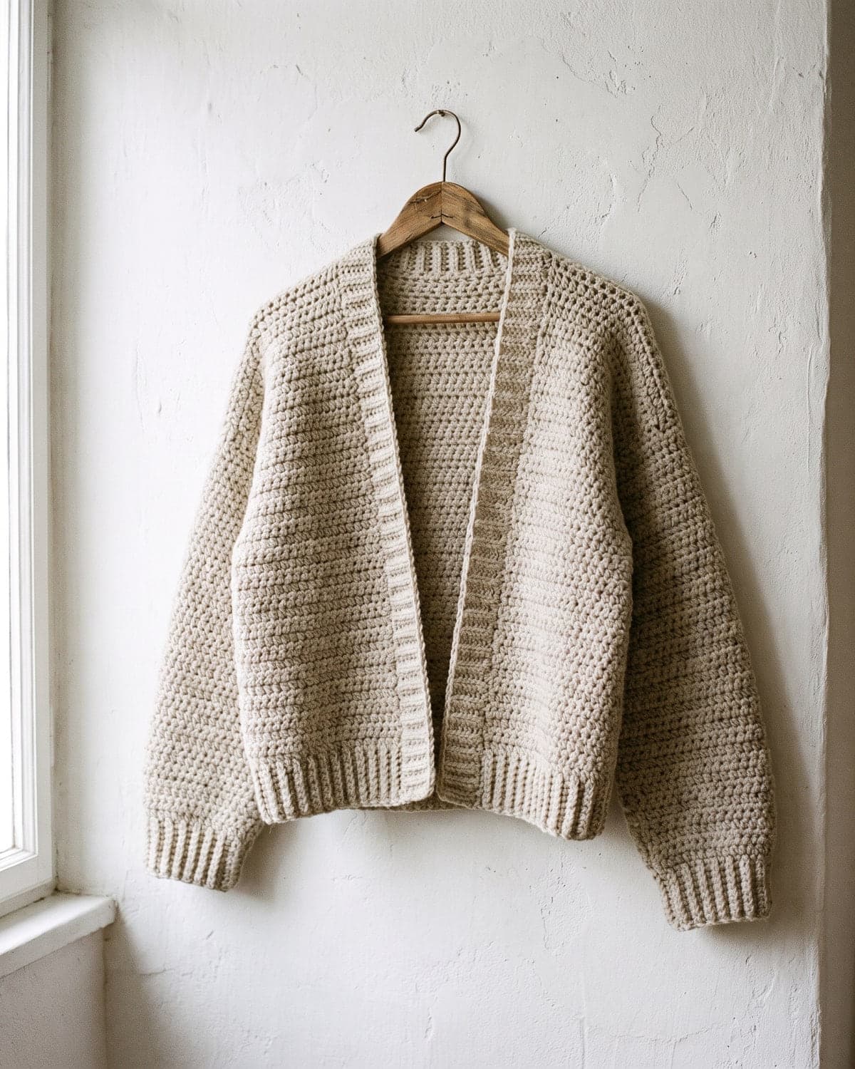 Oatmeal crochet cardigan with ribbed cuffs and front band hanging on a wooden hanger
