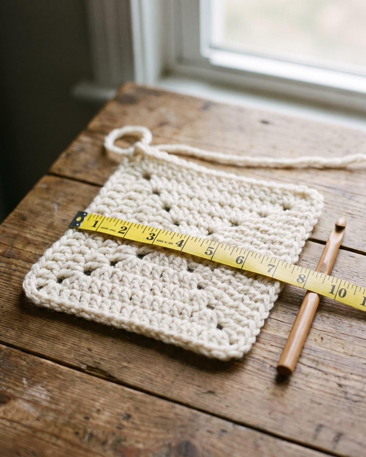 Cream crochet gauge swatch on a wooden table with a yellow tape measure across it