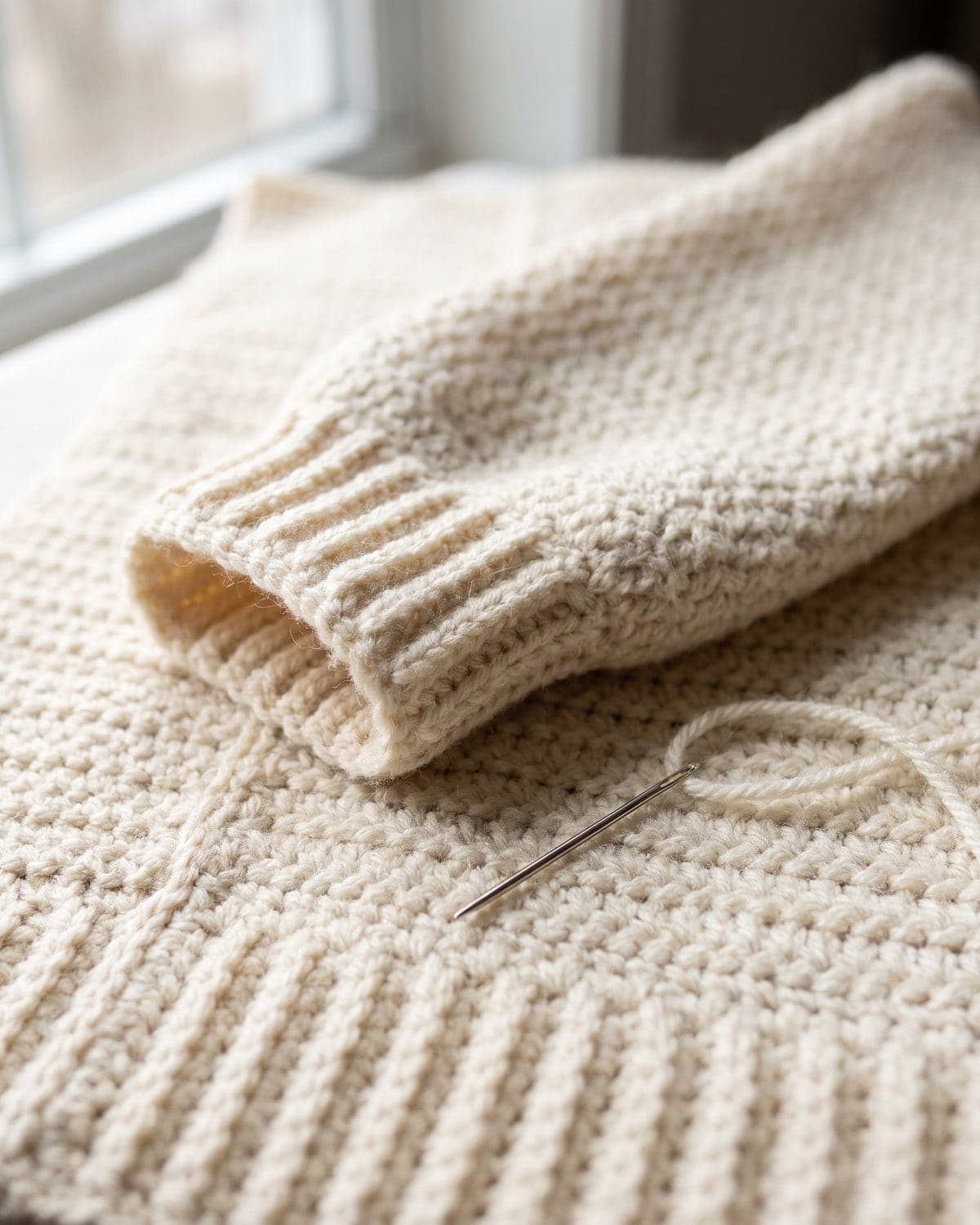Close-up of a ribbed cuff on a cream crochet sleeve with a threaded tapestry needle