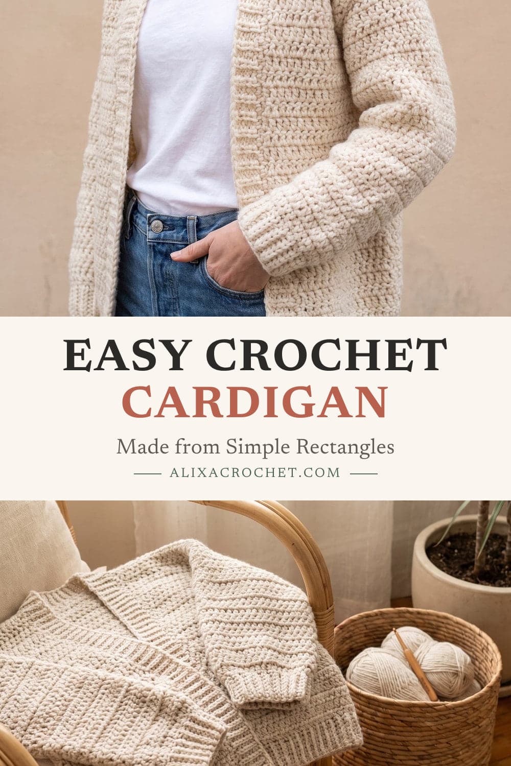 Pin graphic: Easy Crochet Cardigan for Beginners (Simple Rectangles)