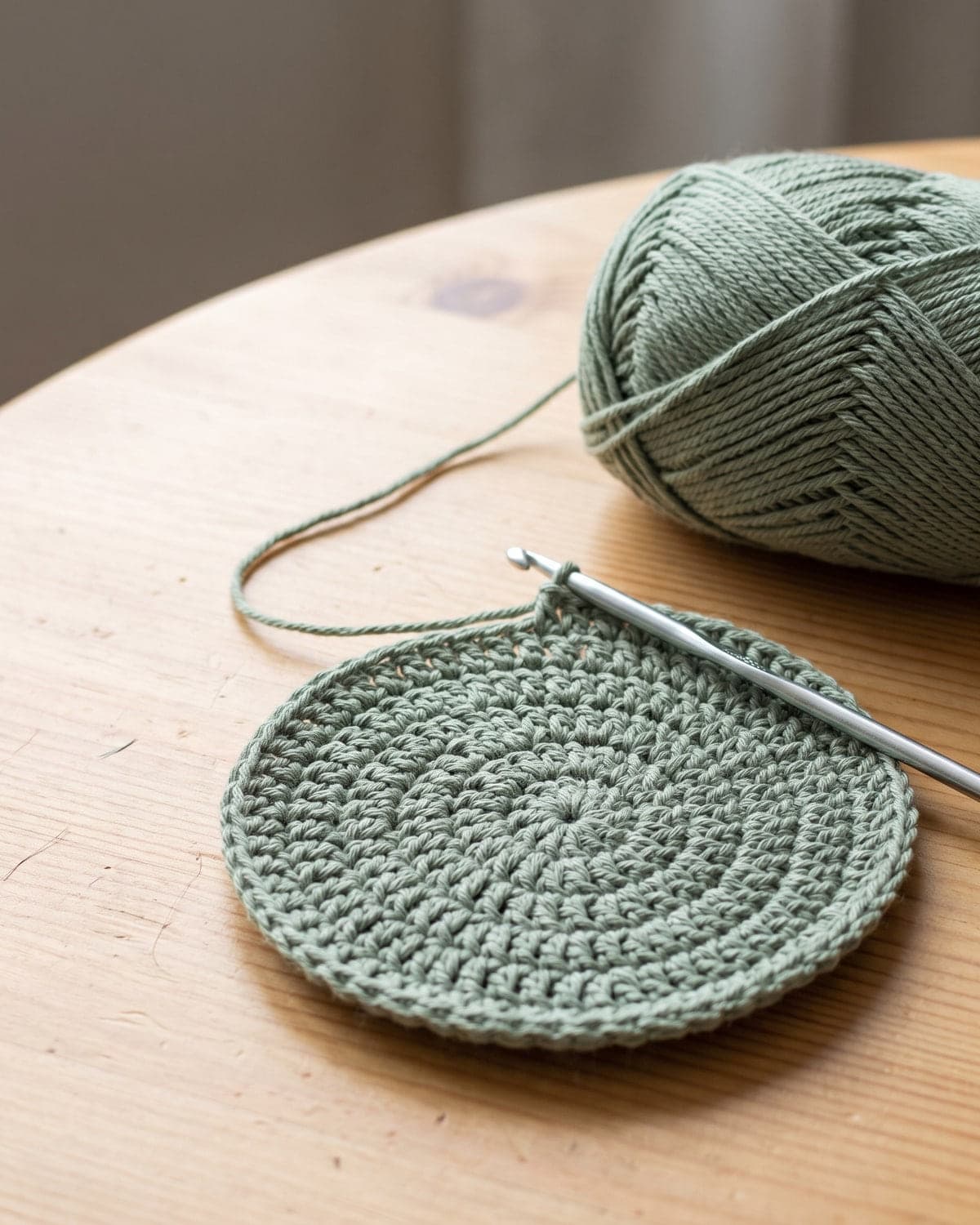 Round sage green crochet coaster in progress with an aluminium hook and a ball of yarn