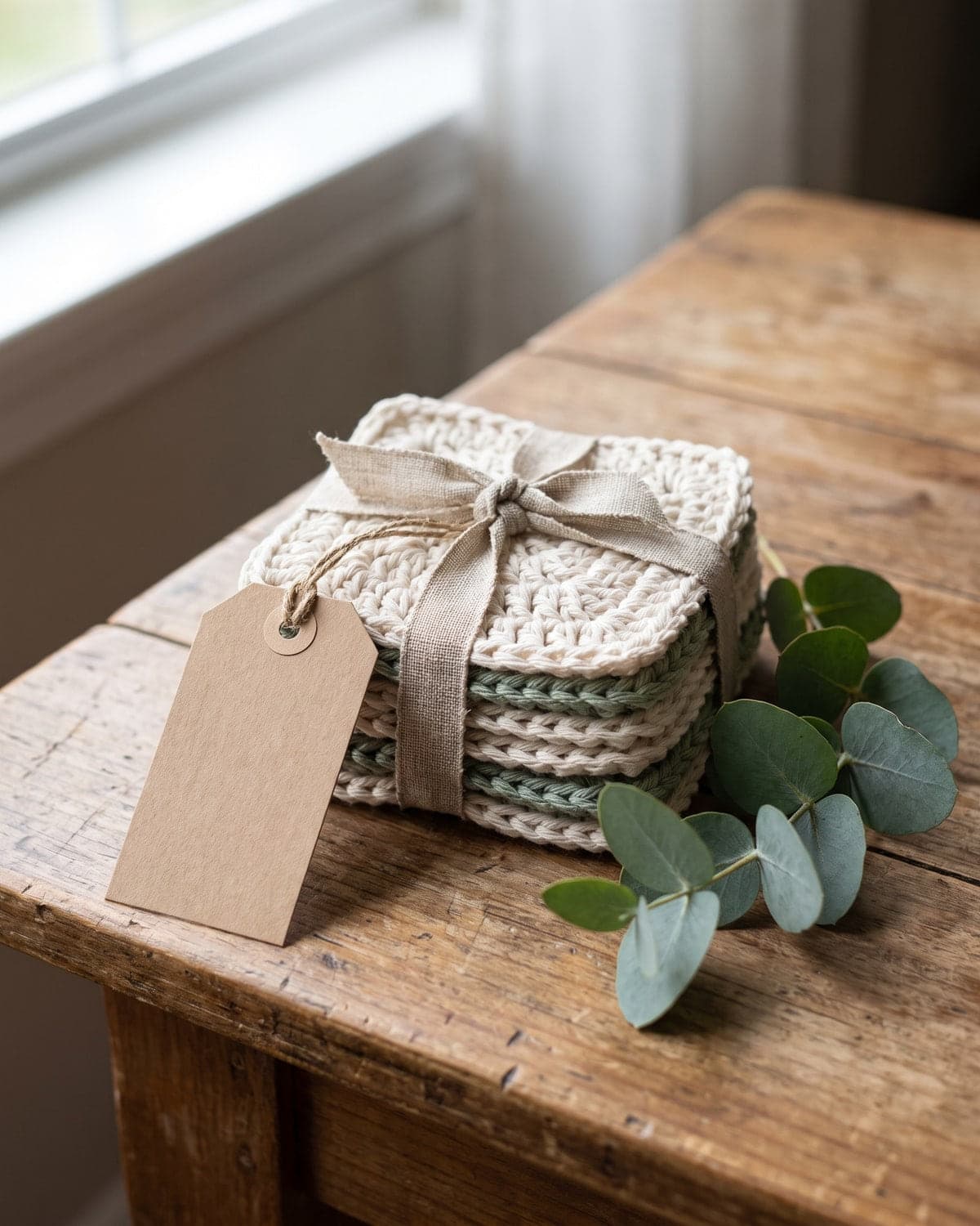 Stack of cream and sage crochet coasters tied with a linen ribbon and a blank gift tag