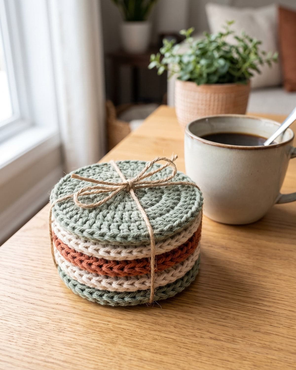 Stack of round crochet coasters in sage, cream and terracotta tied with twine beside a mug of coffee