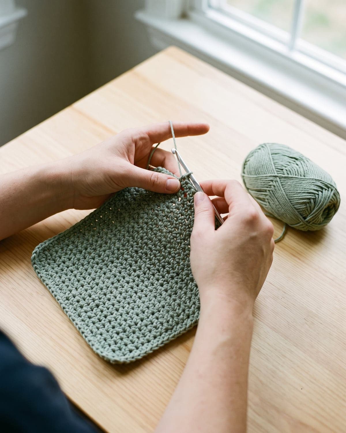 Hands crocheting a square sage green cotton dishcloth beside a ball of yarn